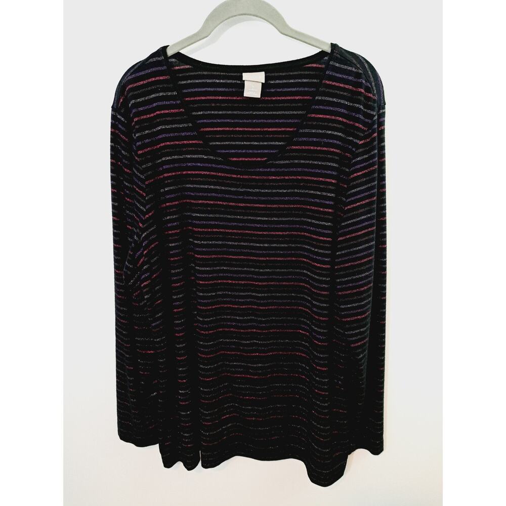 Chico's Women’s Black Sparkly Metallic Stripe Tee Long Sleeve Stretch Size 3, XL